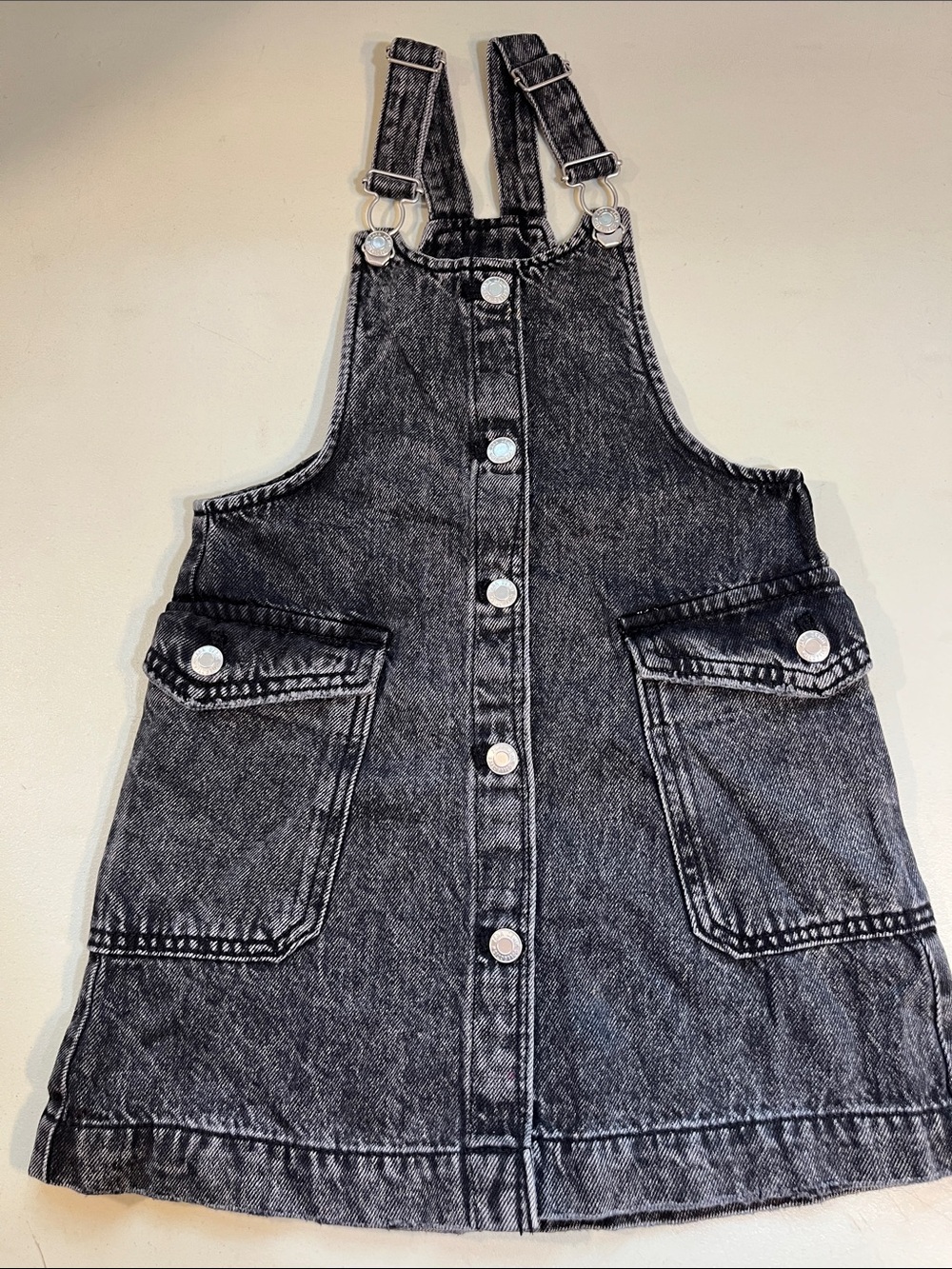 Zara Black Washed Denim Overall Dress with Front Buttons